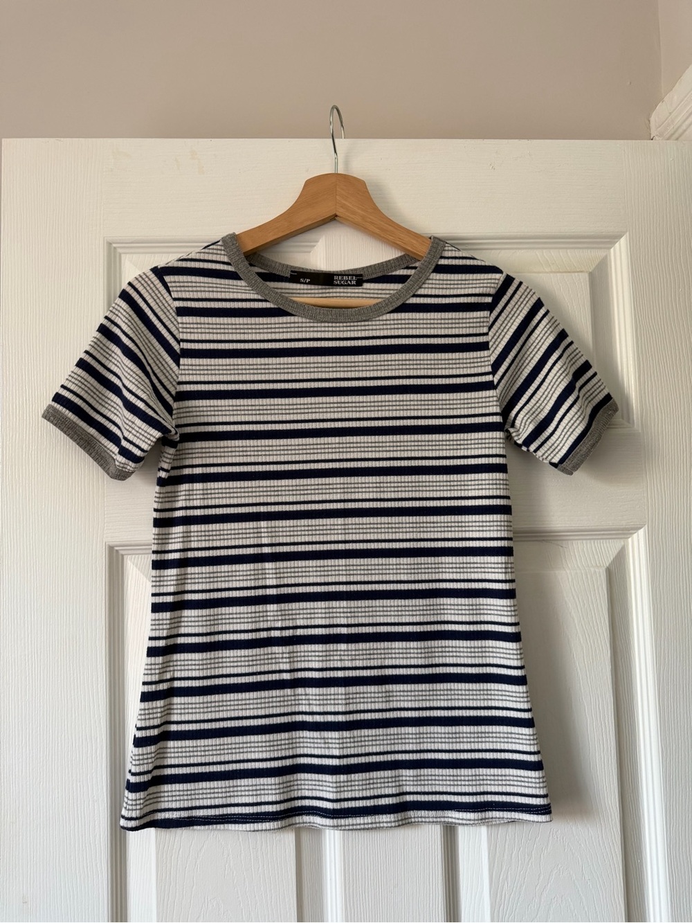 Rebel Sugar Striped Short Sleeve Tee in Navy and White S
